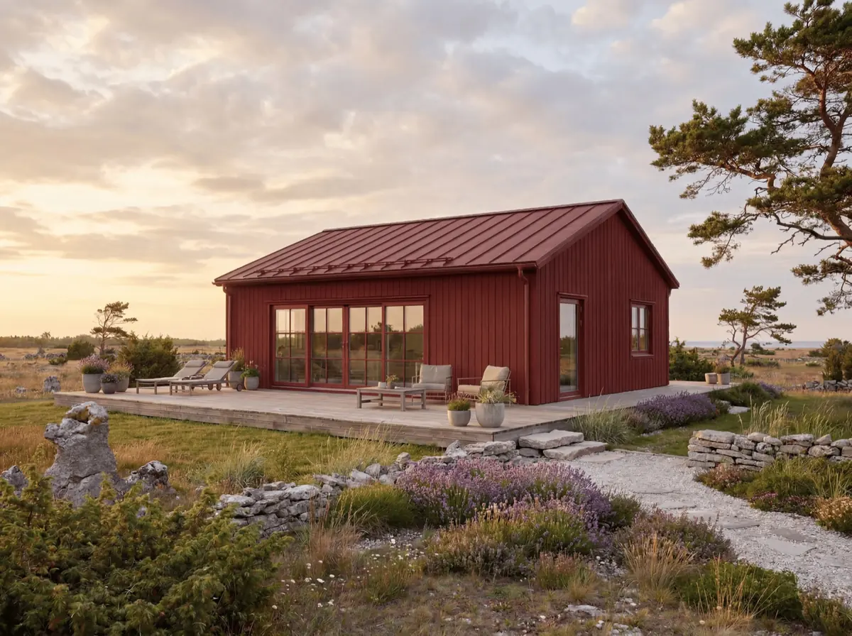 Visualisering: rött trähus med sadeltak ur Fårö-serien