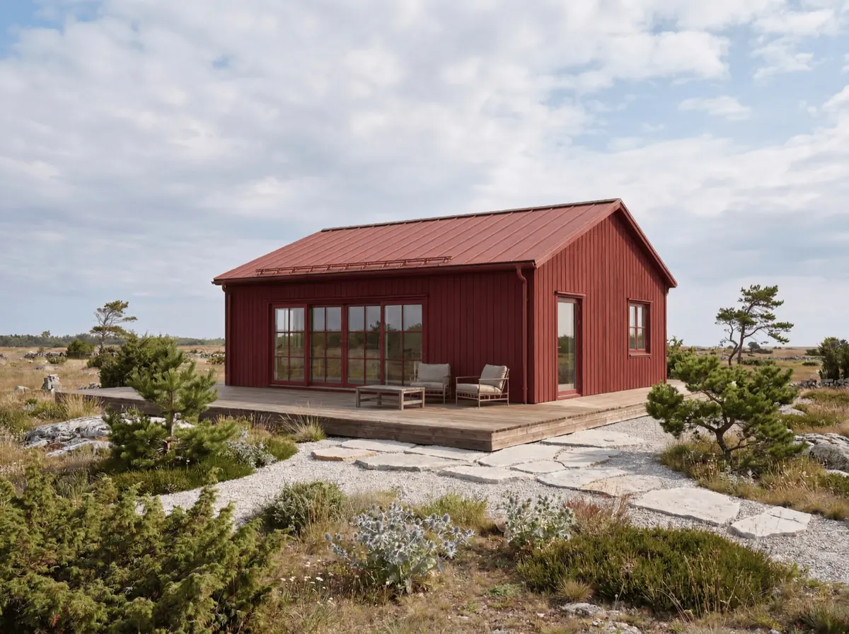 Visualisering: Fårö 74, rött trähus i klassisk svensk stil med sadeltak