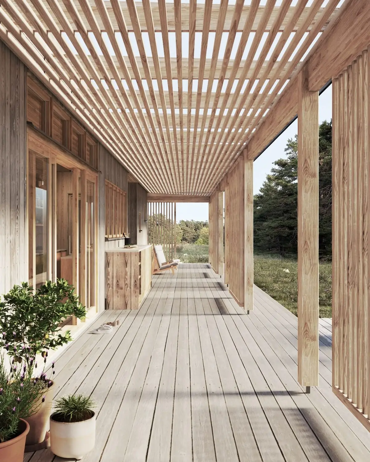 Visualisering: verandan under spaljétaket i Nära Naturen